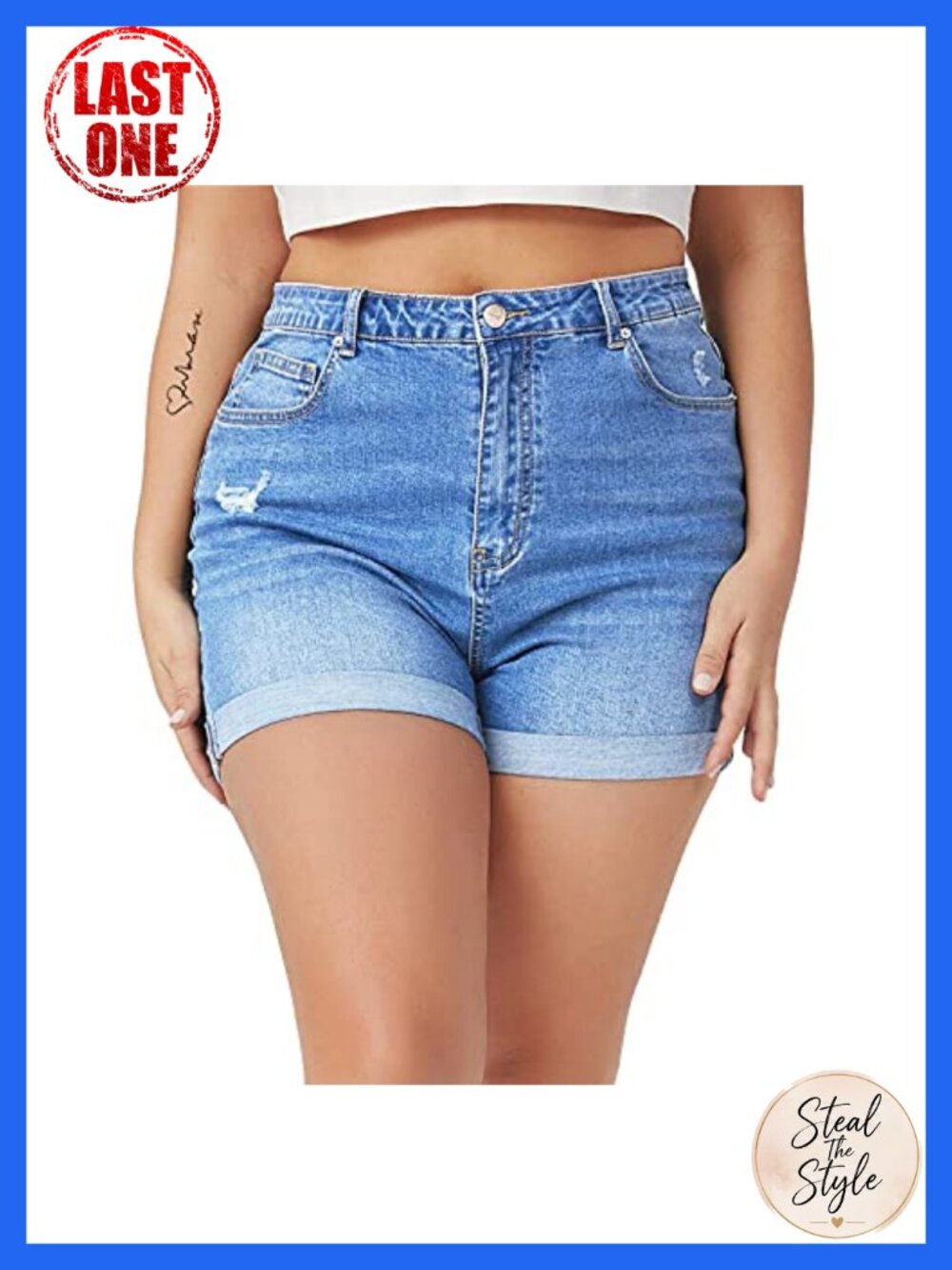 High Waist Distressed Folded Hem Jean Shorts Plus Size Stretchy Denim